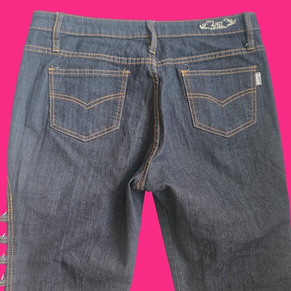 Y2K Bootcut Jeans Dark Wash metal Rings Size XL Stretch Grunge Punk 2000s - Picture 8 of 11